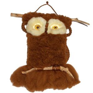 Mid Century Hanging Owl Macrame Vintage Brown 31 Inch Retro MCM Big Eyes